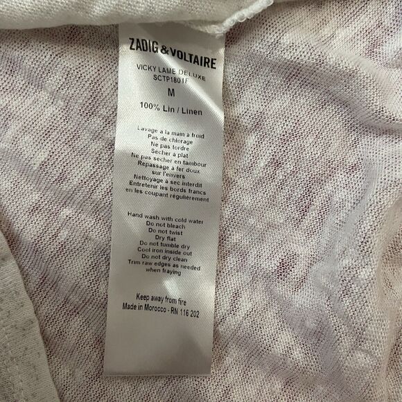 Zadig And Voltaire Vicky Lame Deluxe T-Shirt Top Linen Size Medium White Silver - Picture 7 of 10